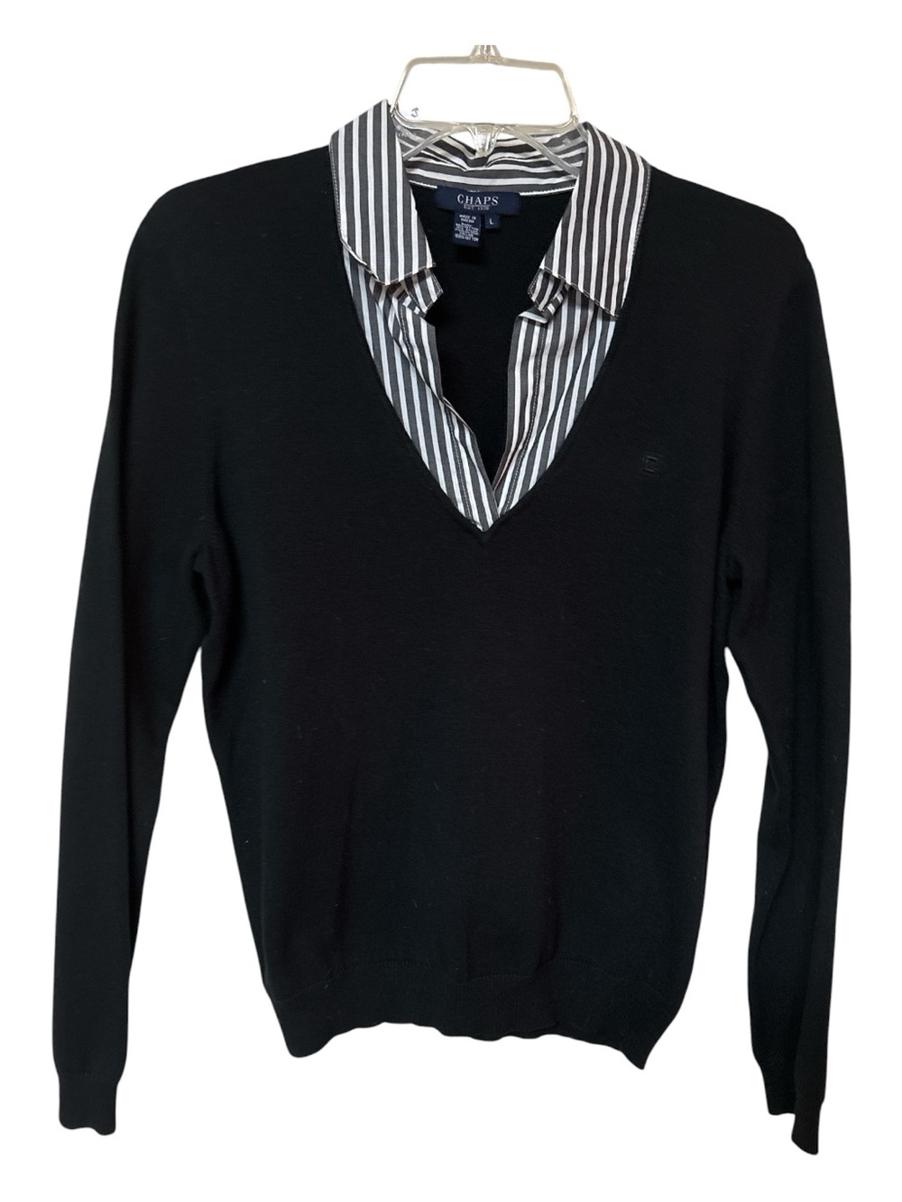 Chaps Black V‑Neck Sweater with Striped Shirt Collar